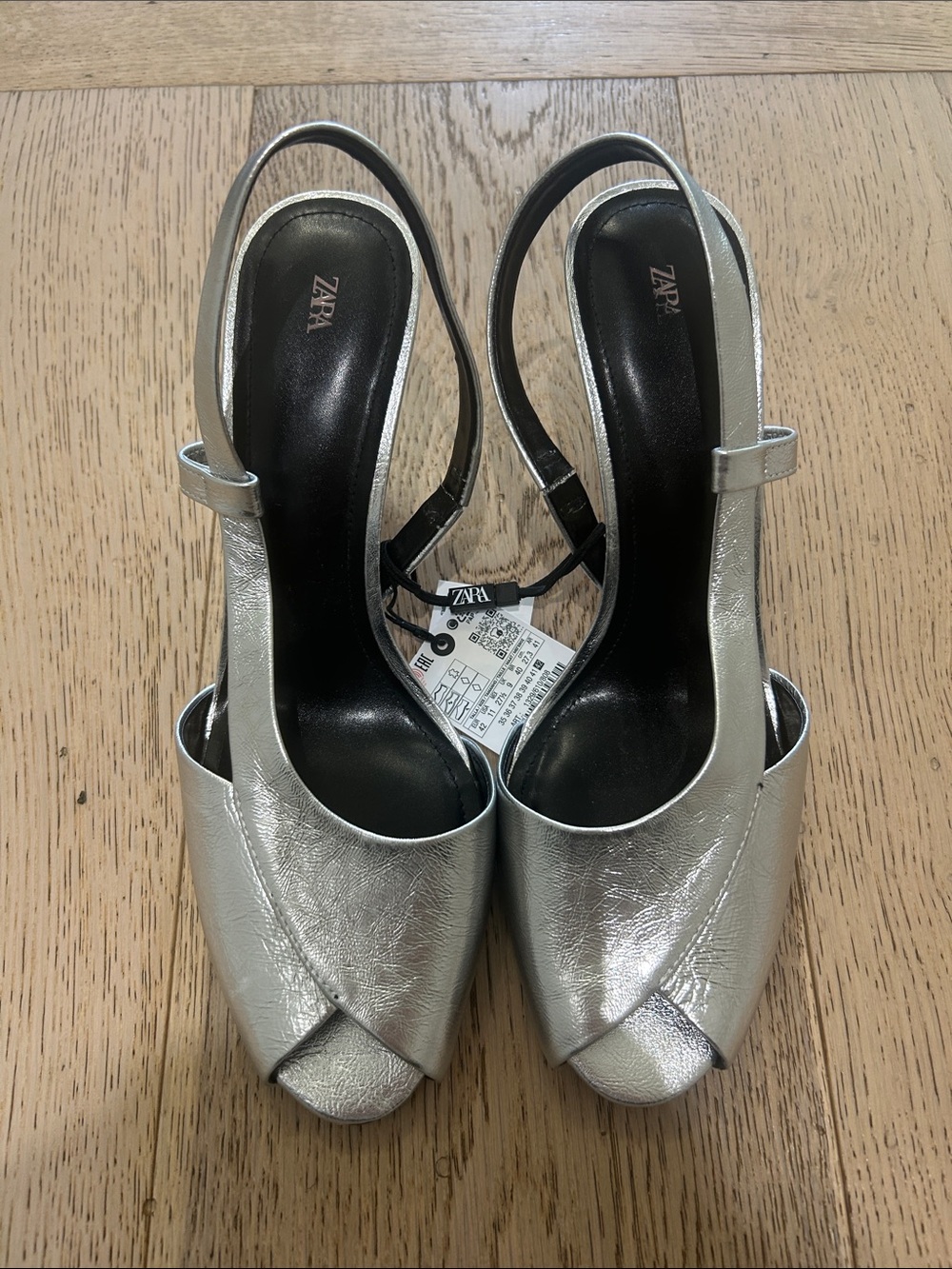 NWT ZARA Metallic Silver Peep-Toe Slingback Heels